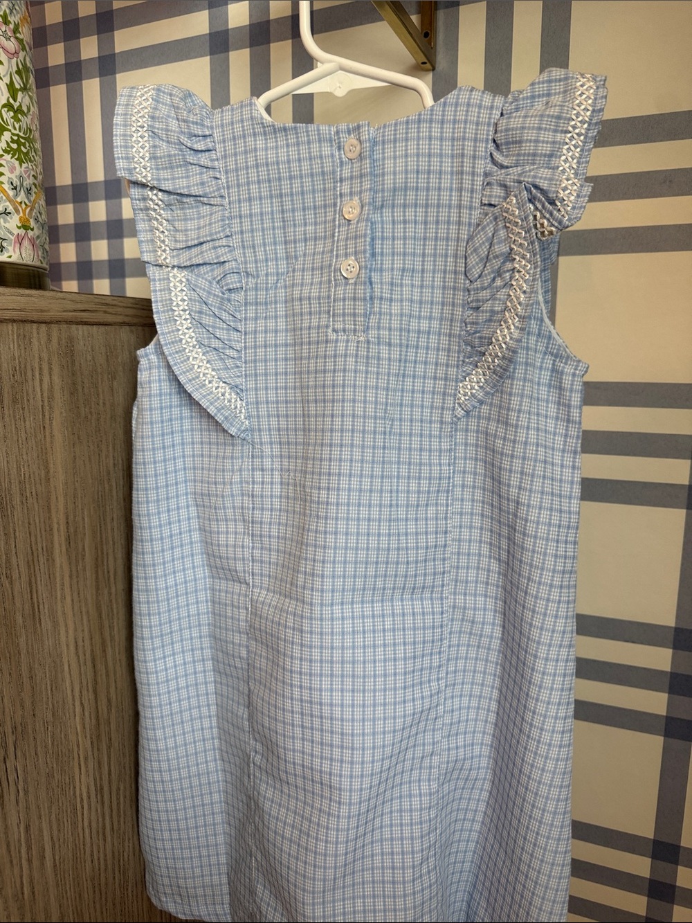 Light Blue Checked Embroidered Ruffle-Sleeve Kids Dress - 5 - Picture 5 of 8